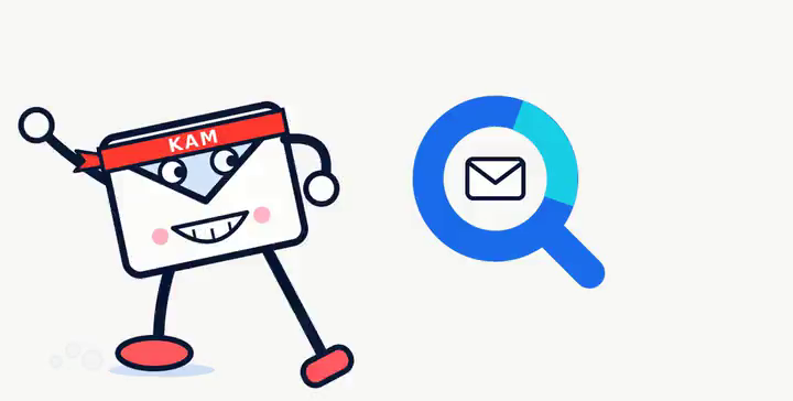 KAM-Q mascot: an envelope in a red KAM headband kicking a magnifying-glass Q