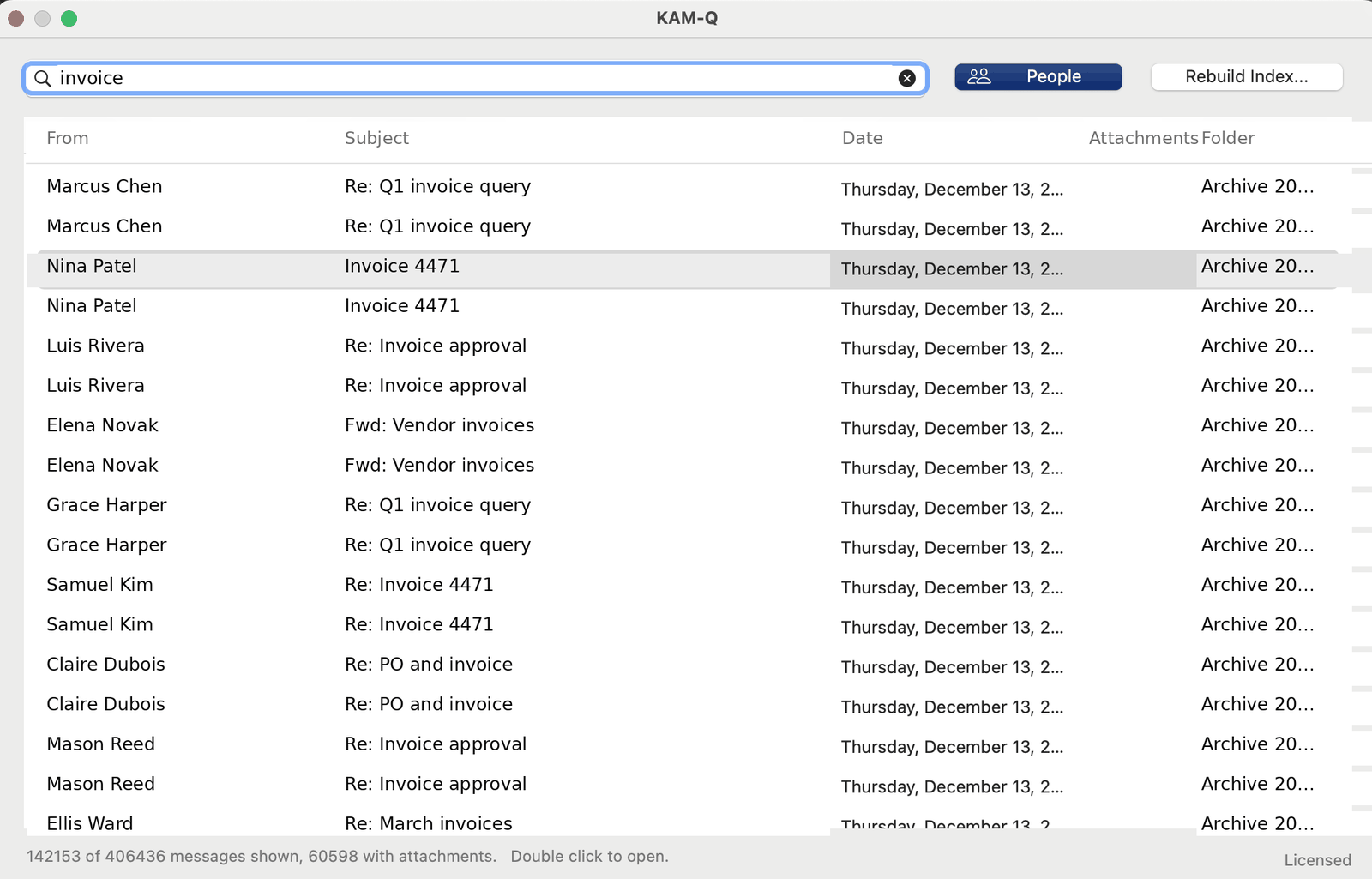 KAM-Q search results on a mailbox of over 400,000 messages